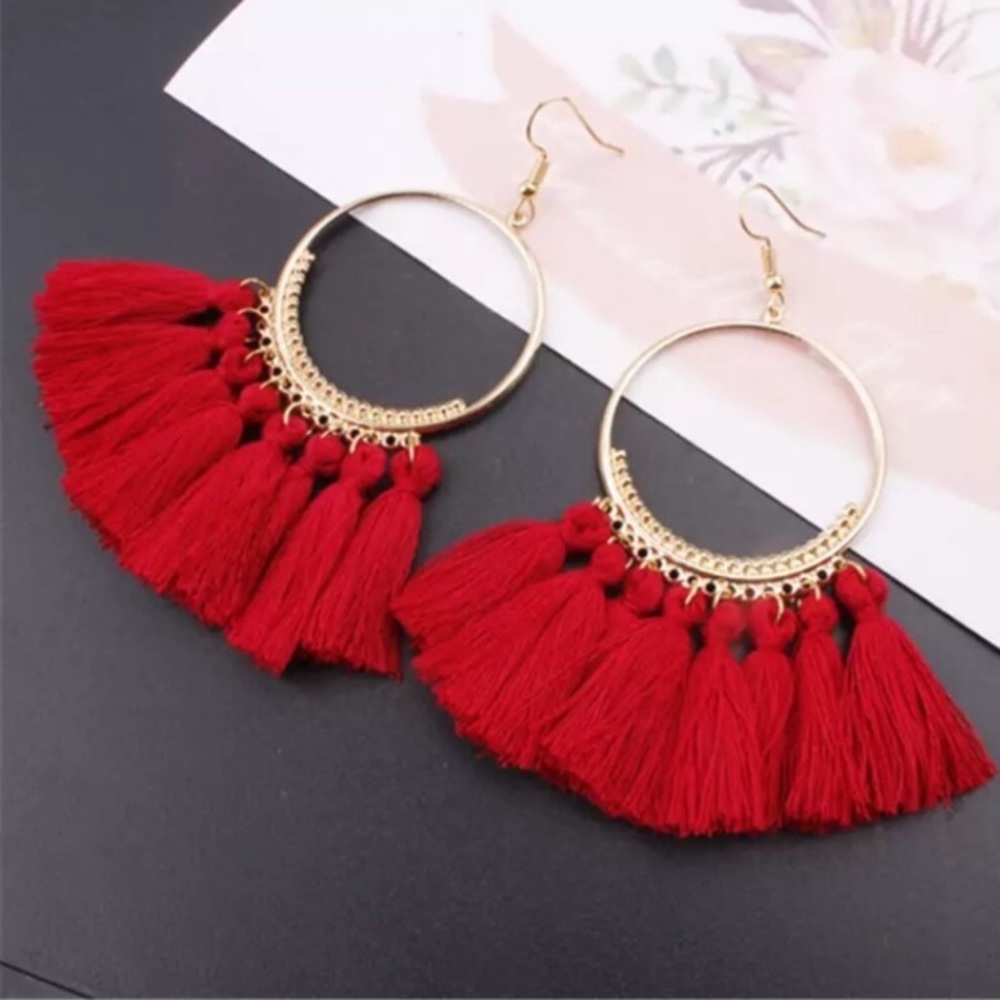 5 for $25 Red Bohemian Fringe Tassel Earrings